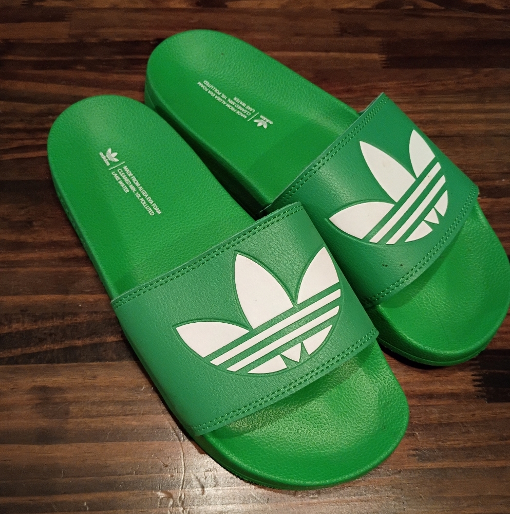 Adidas Bold Green Slides with White Logo